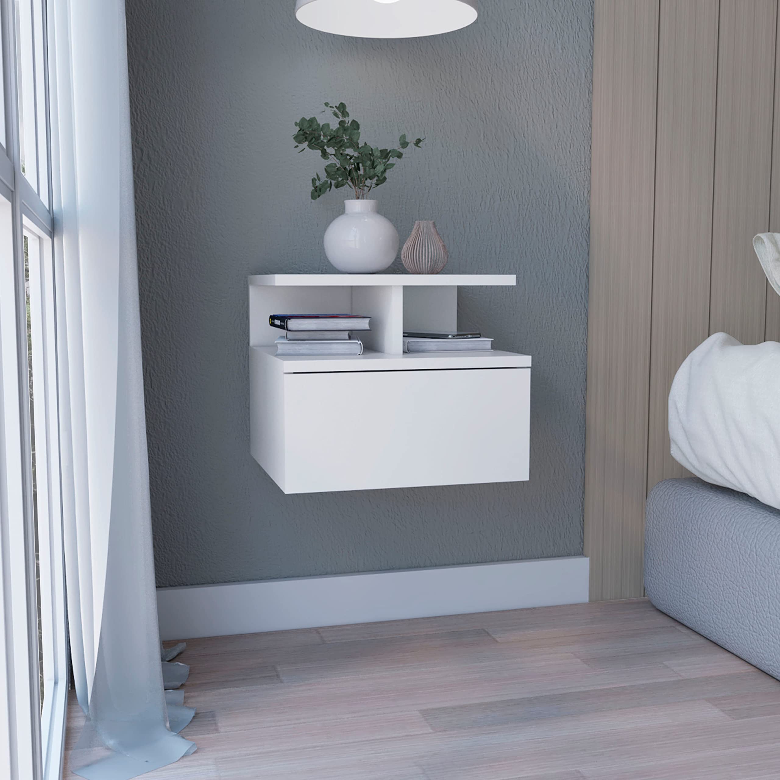 Depot E-Shop Seward Floating Nightstand, Wall Mounted With Single Drawer And 2-Tier Shelf, 12&Quot; H, White, Bedroom